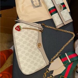 Gucci Beige GG Supreme Shoulder Bag with Gold Hardware and Green-Red Web